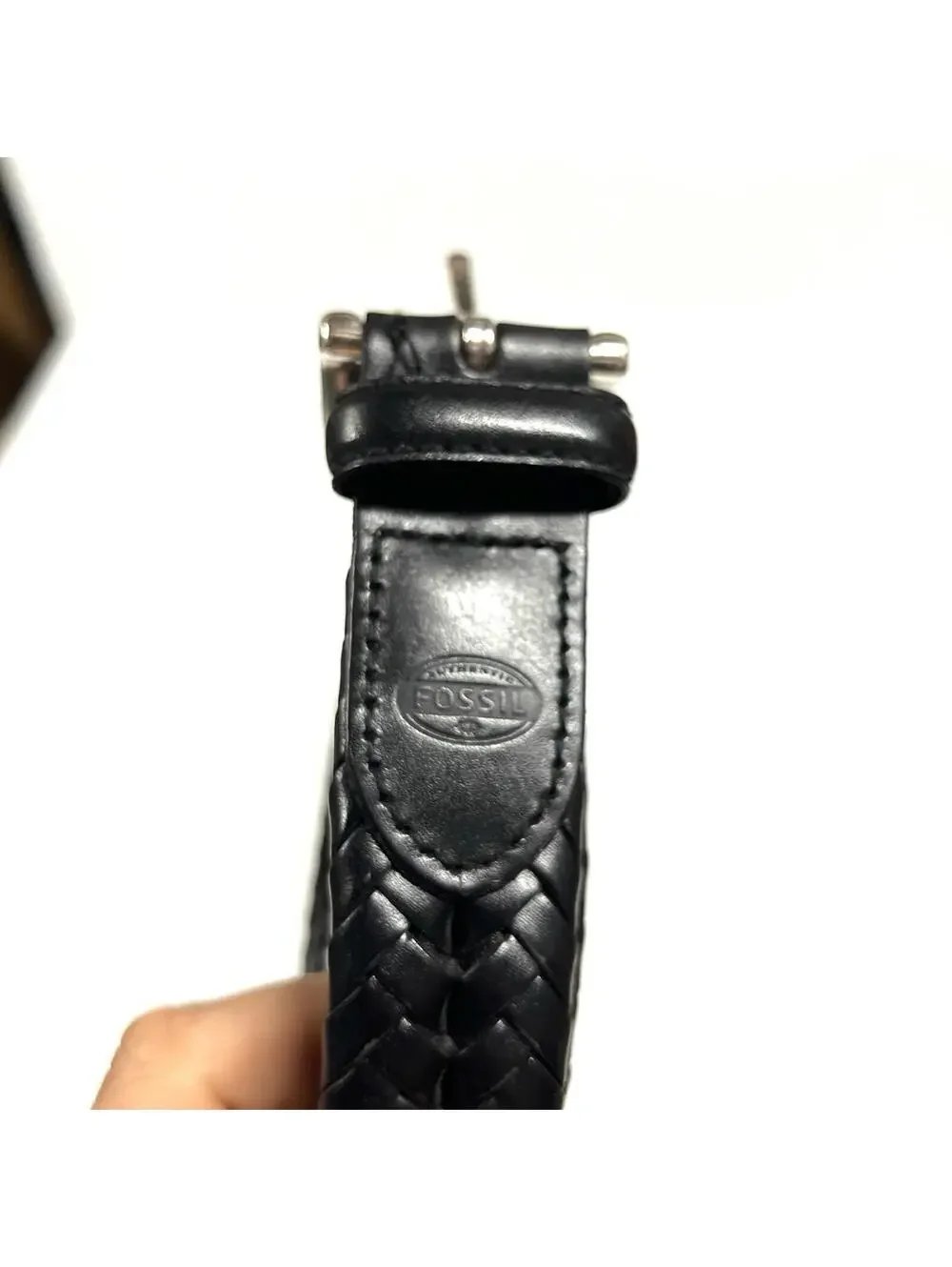Fossil Braided Belt Mens 44 Black 100% Leather Silver Buckle Worn Adjustable